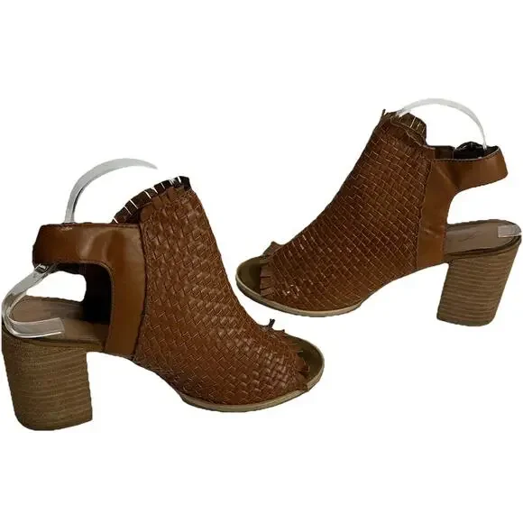 Rebels Woven Brown Block Heel Peep Toe Elastic Slingback Sandals Size 8 - Picture 4 of 7